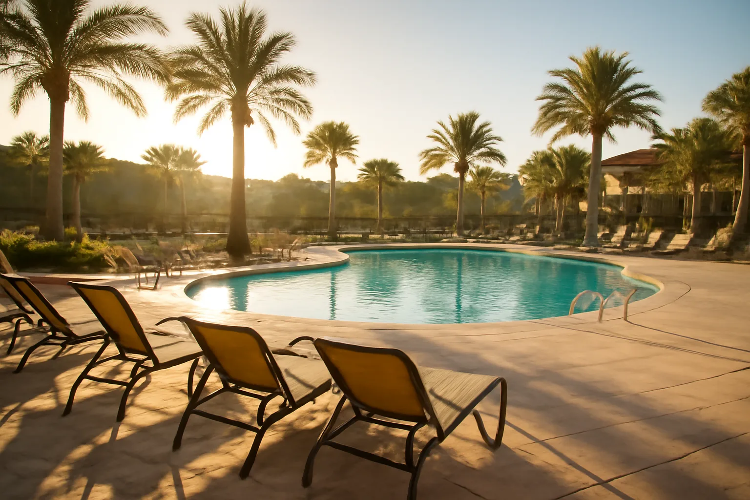 Empty resort pool deck at sunrise representing an Orange Lake timeshare owner considering exit options
