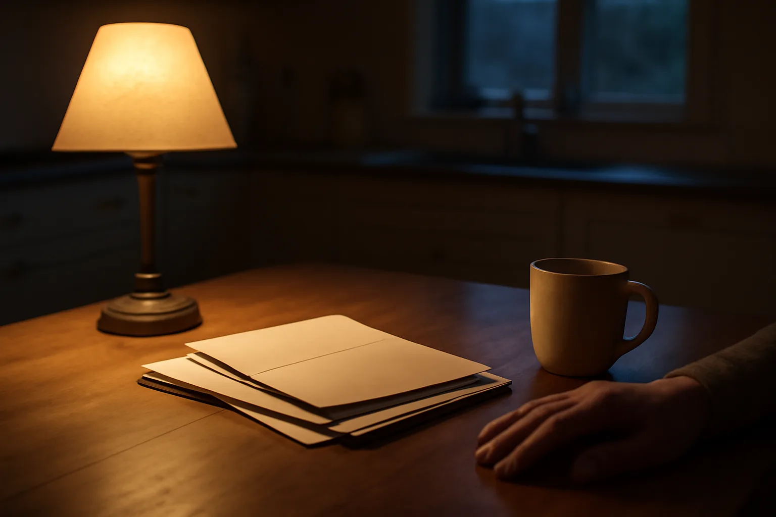 Kitchen table at night with papers and envelope, person reviewing timeshare exit options