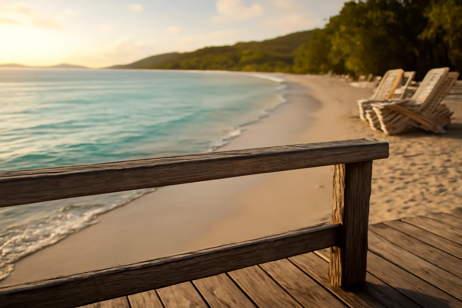 Empty resort pier and beach chairs at dawn, evoking international timeshare cancellation decisions