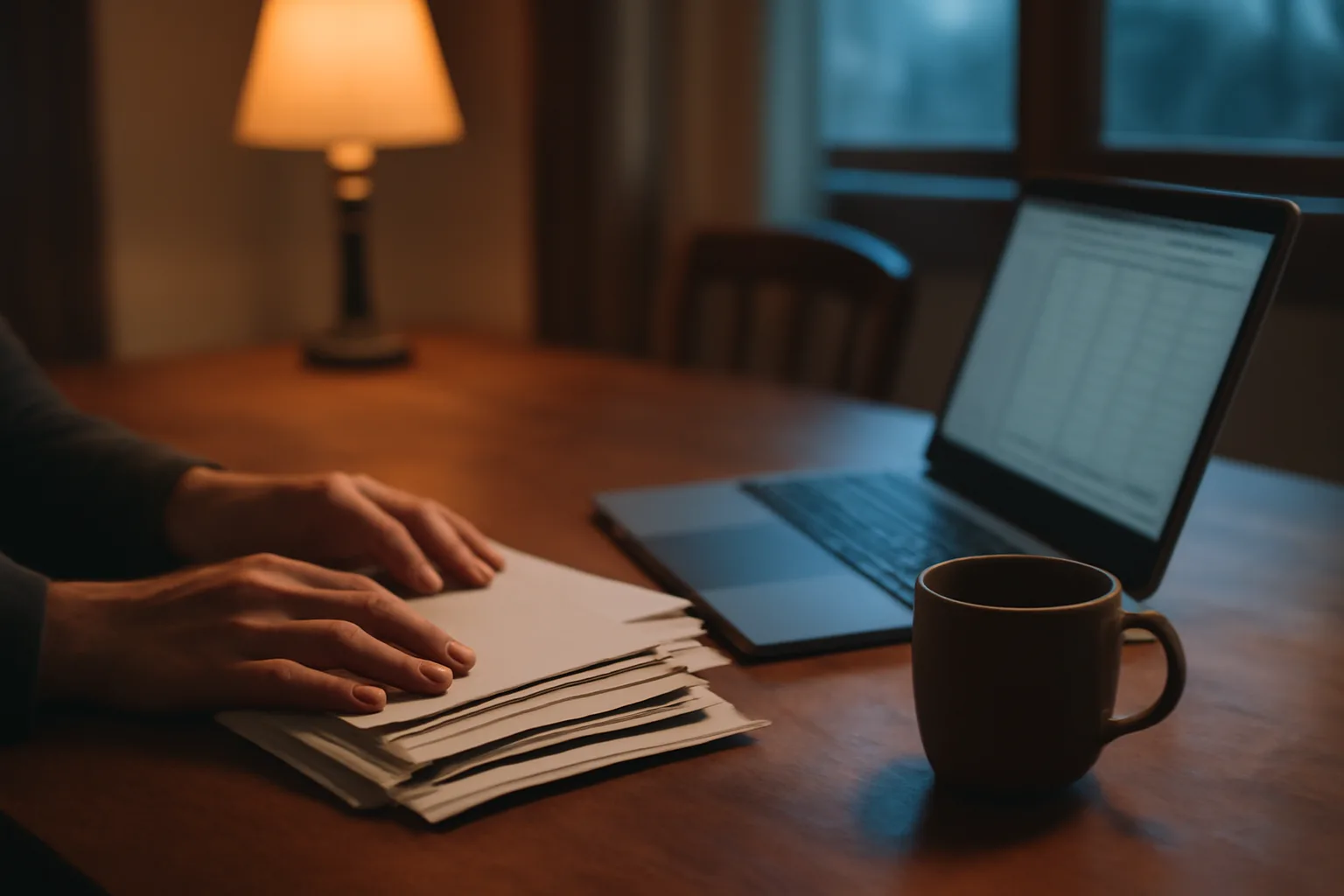 Person reviewing timeshare paperwork and fees at a kitchen table at night
