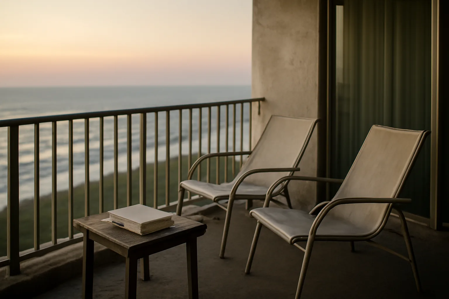 Empty timeshare condo balcony at dusk with unopened mail on a table