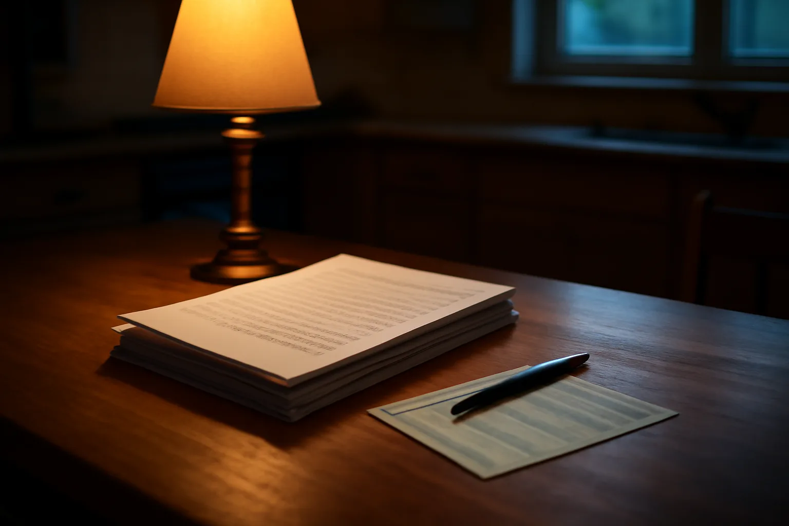 Kitchen table with timeshare contract papers, pen, and mail receipt under lamp light