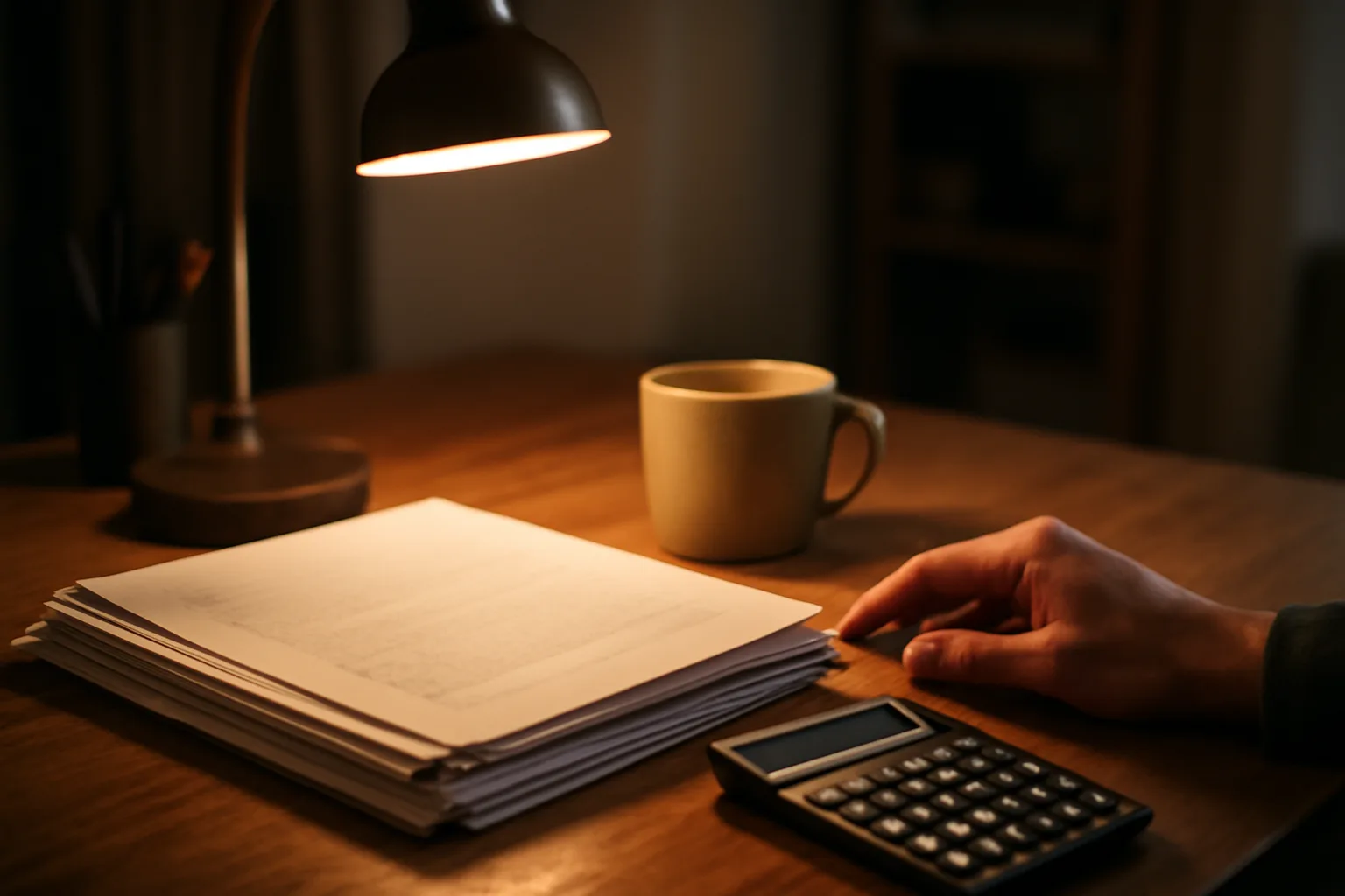 Home desk at night with timeshare contract paperwork and a calculator under lamp light
