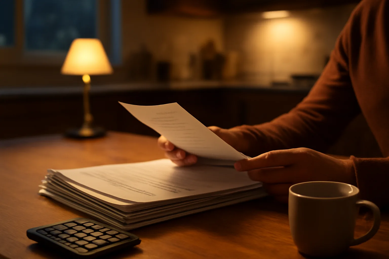 Hands reviewing timeshare exit paperwork at a kitchen table under lamp light