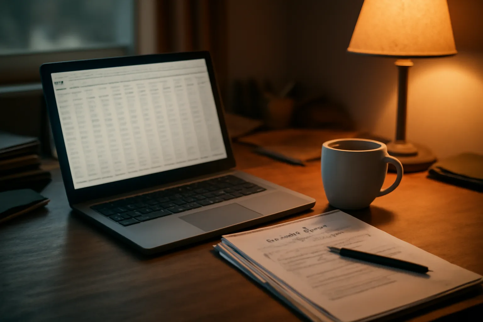 Home desk scene with contracts and laptop researching timeshare exit company reviews