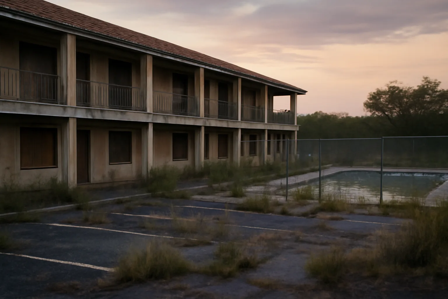 Closed timeshare resort building with boarded windows and empty overgrown grounds at dusk