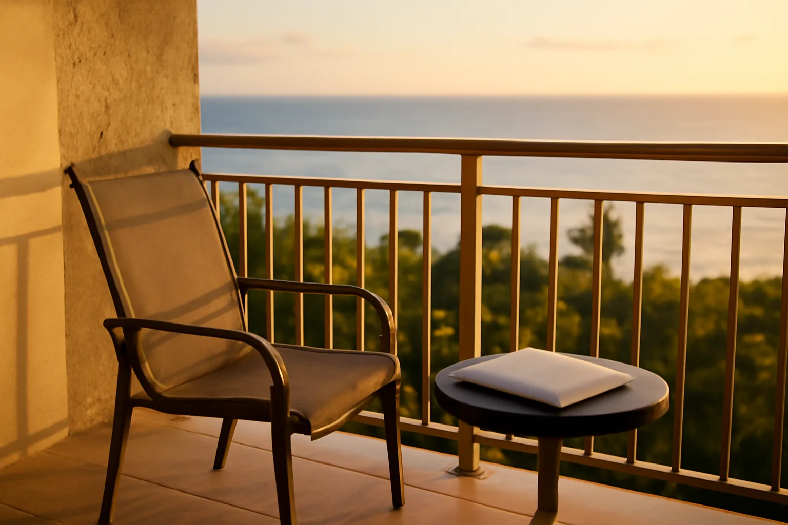Empty resort balcony at sunset representing the search for honest timeshare resale reviews