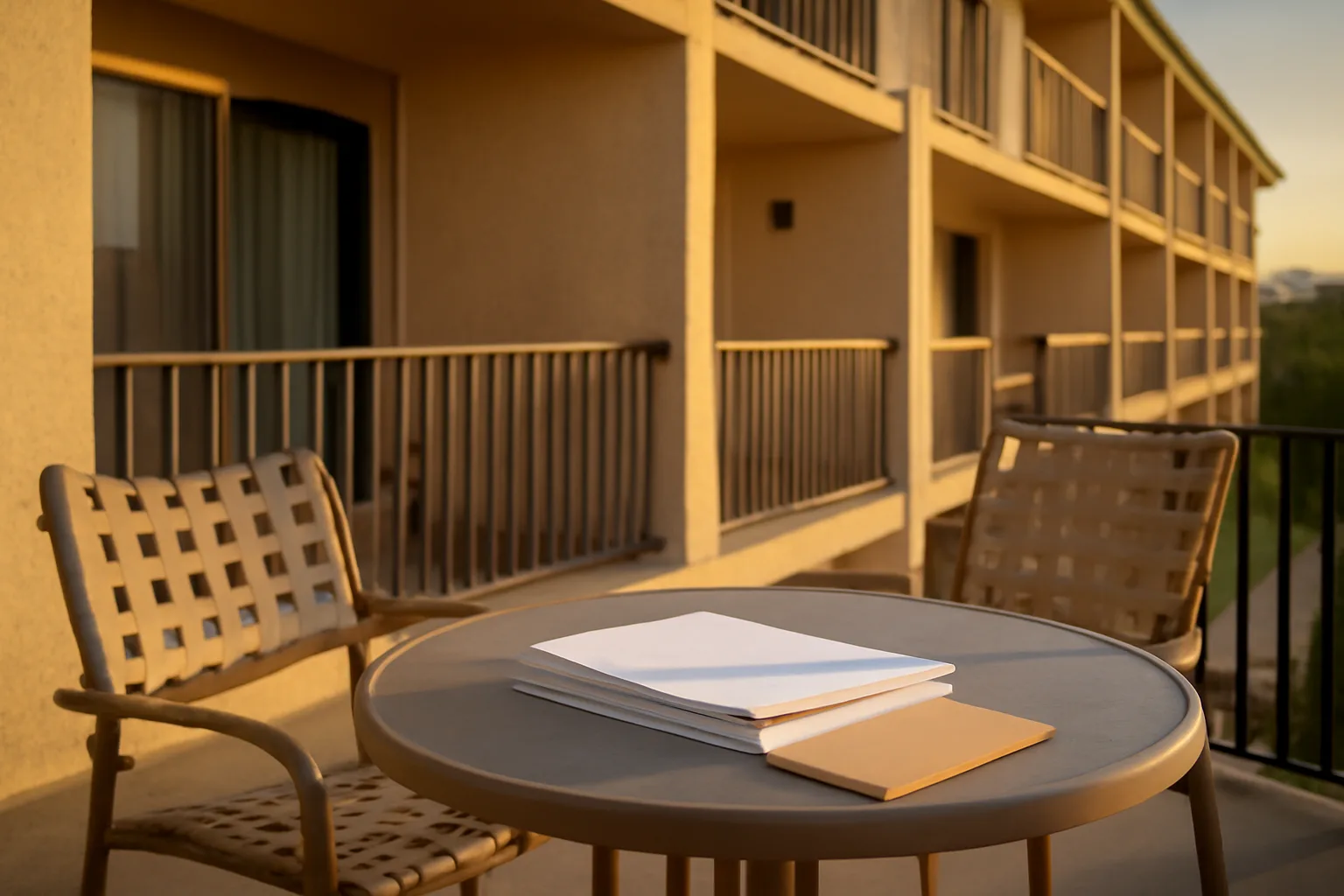 Timeshare condo balcony at dusk with paperwork on a table, representing a Stonegate timeshare exit decision