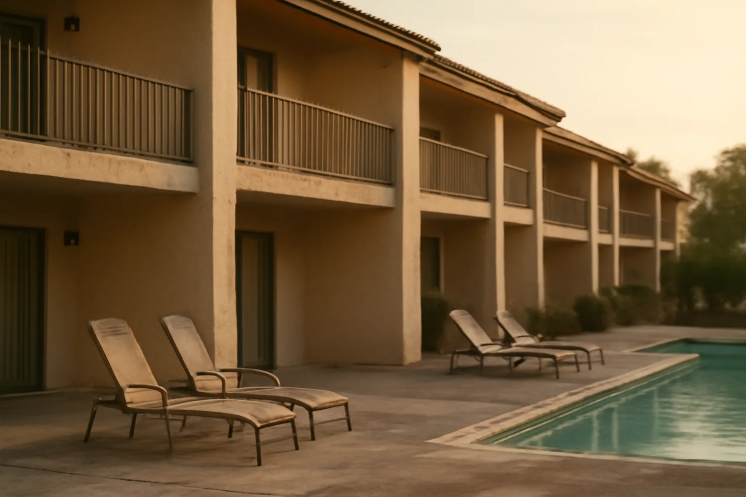 Empty resort balcony and pool at sunrise, evoking timeshare ownership decisions