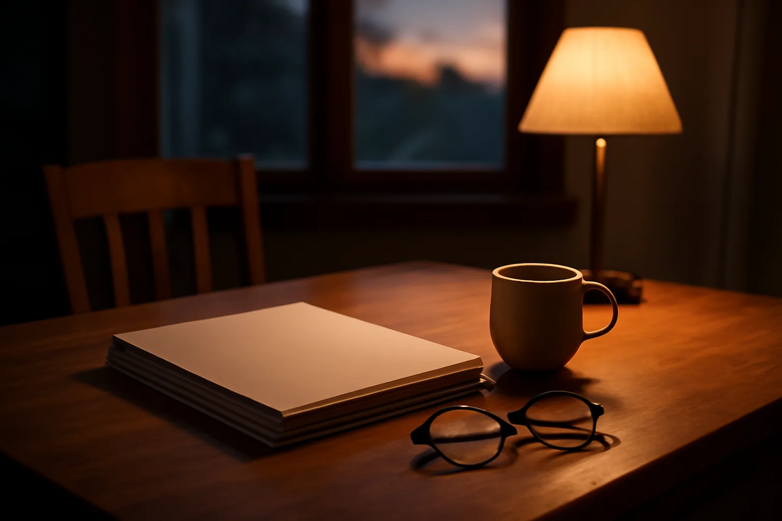 kitchen table with timeshare contract papers and reading glasses under lamp light