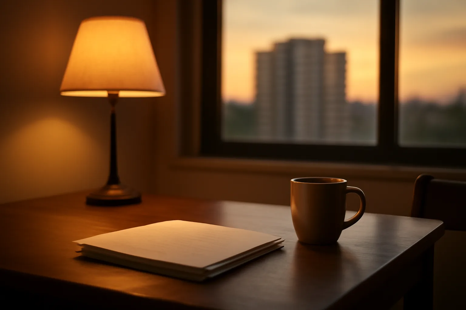Home desk scene representing a timeshare owner reviewing cancellation options at dusk