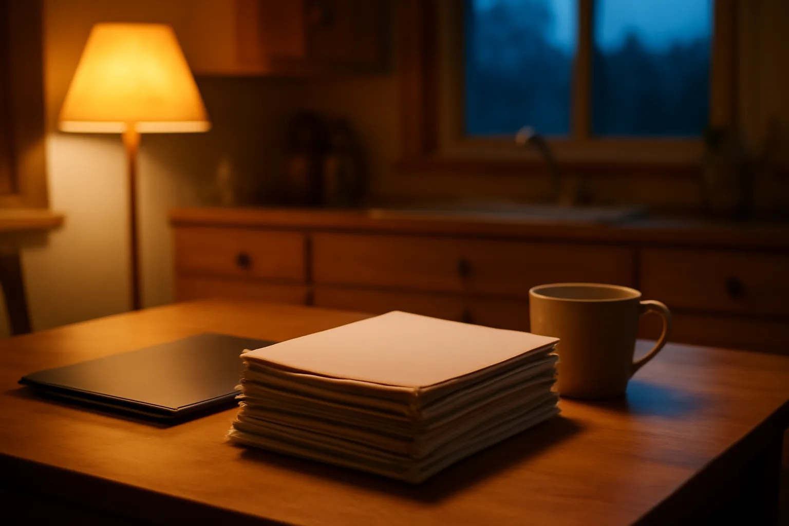 Kitchen table with paperwork and coffee mug representing timeshare exit decision