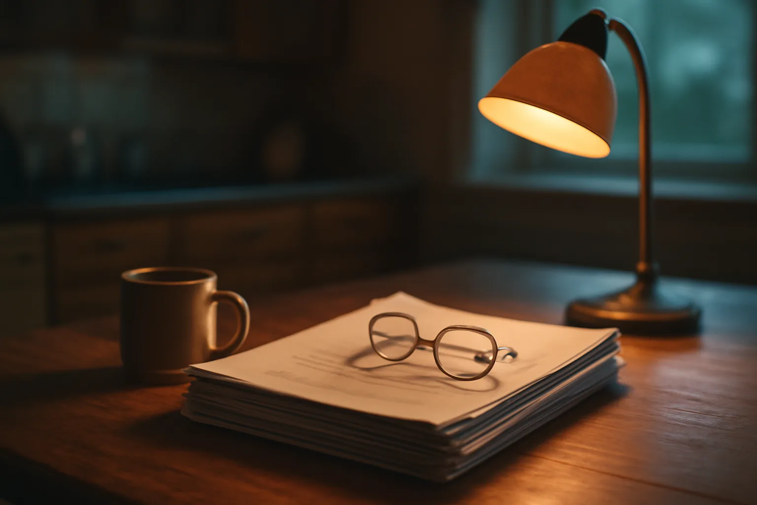 Timeshare contract papers and reading glasses on a table under lamp light