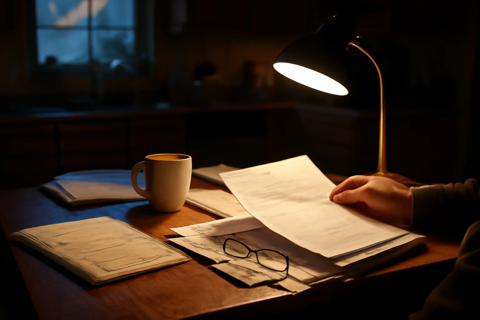 Owner reviewing timeshare exit paperwork at a kitchen table at night