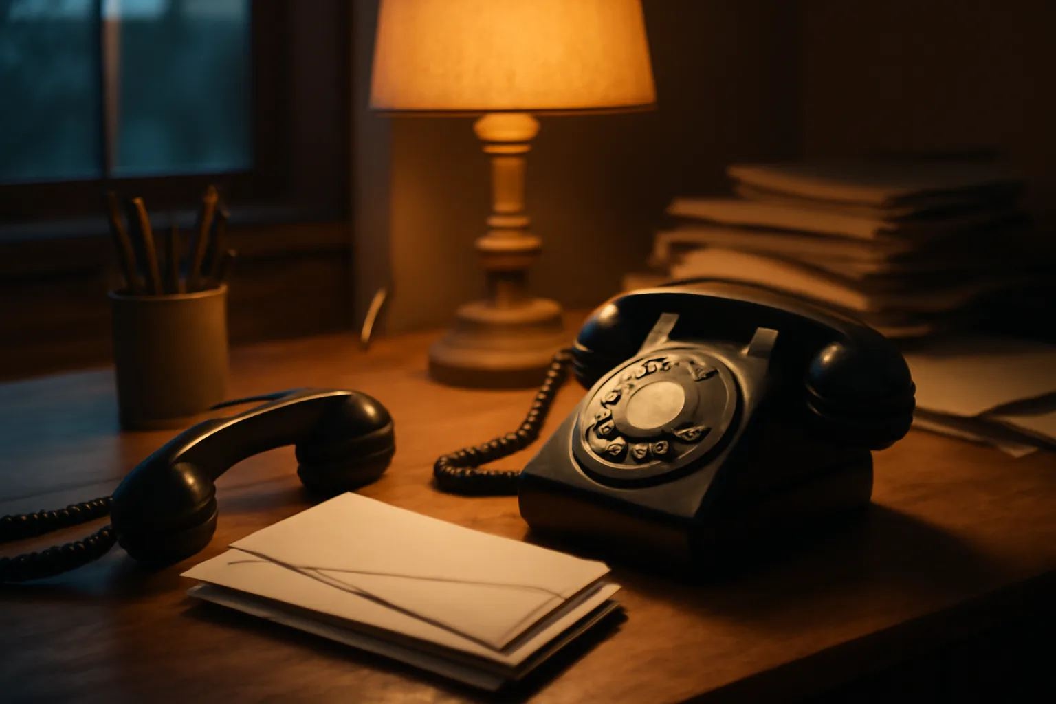 Home desk with phone off the hook near a stack of envelopes, evoking a timeshare exit team phone call