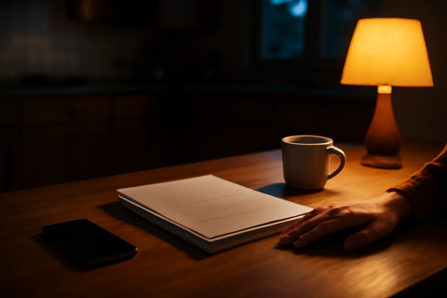 Person reviewing timeshare contract papers at a kitchen table in evening light