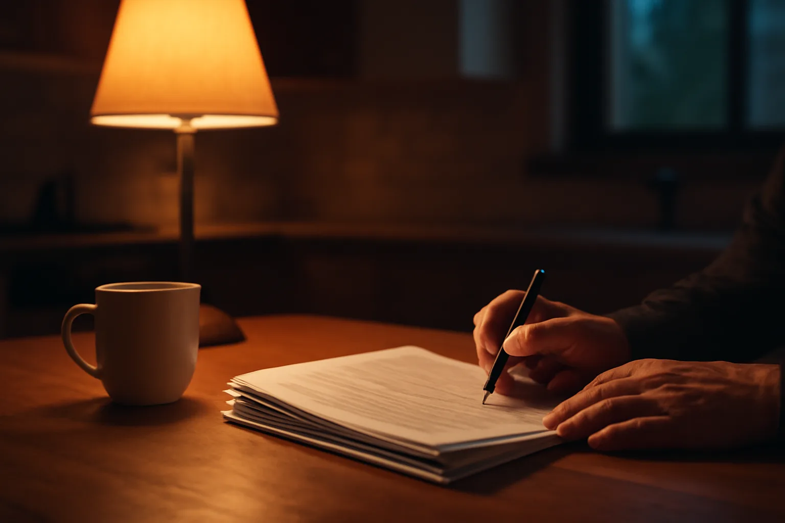 Hands reviewing timeshare contract paperwork at a kitchen table in evening light