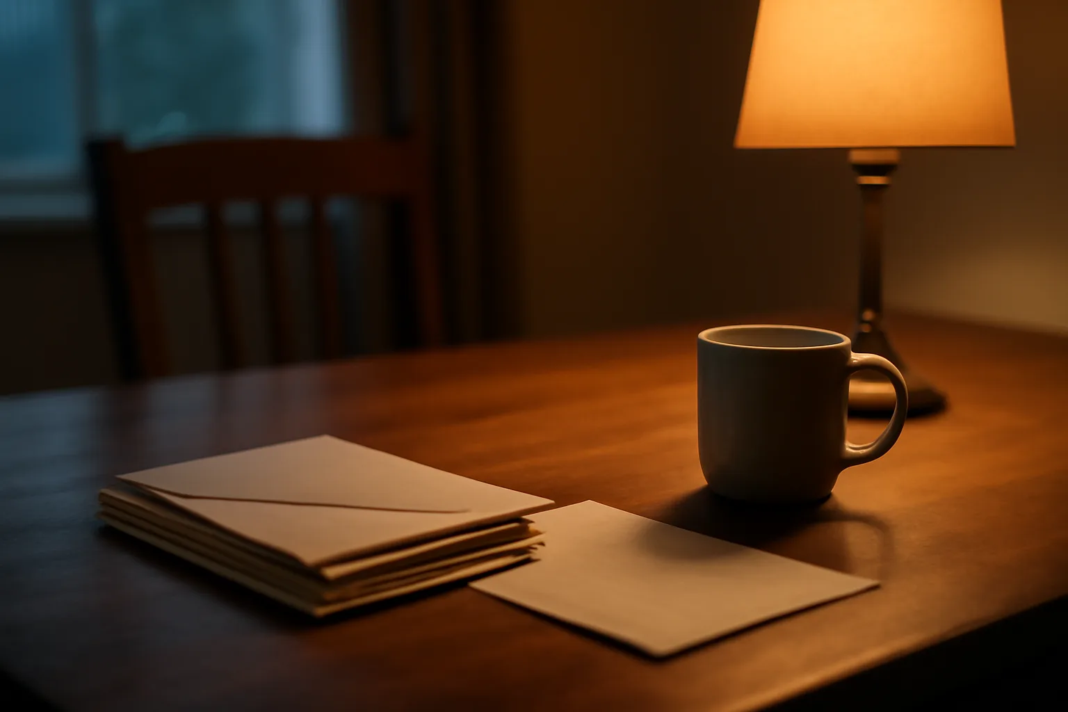 Kitchen table at dusk with unopened mail and a folded contract representing timeshare exit paperwork