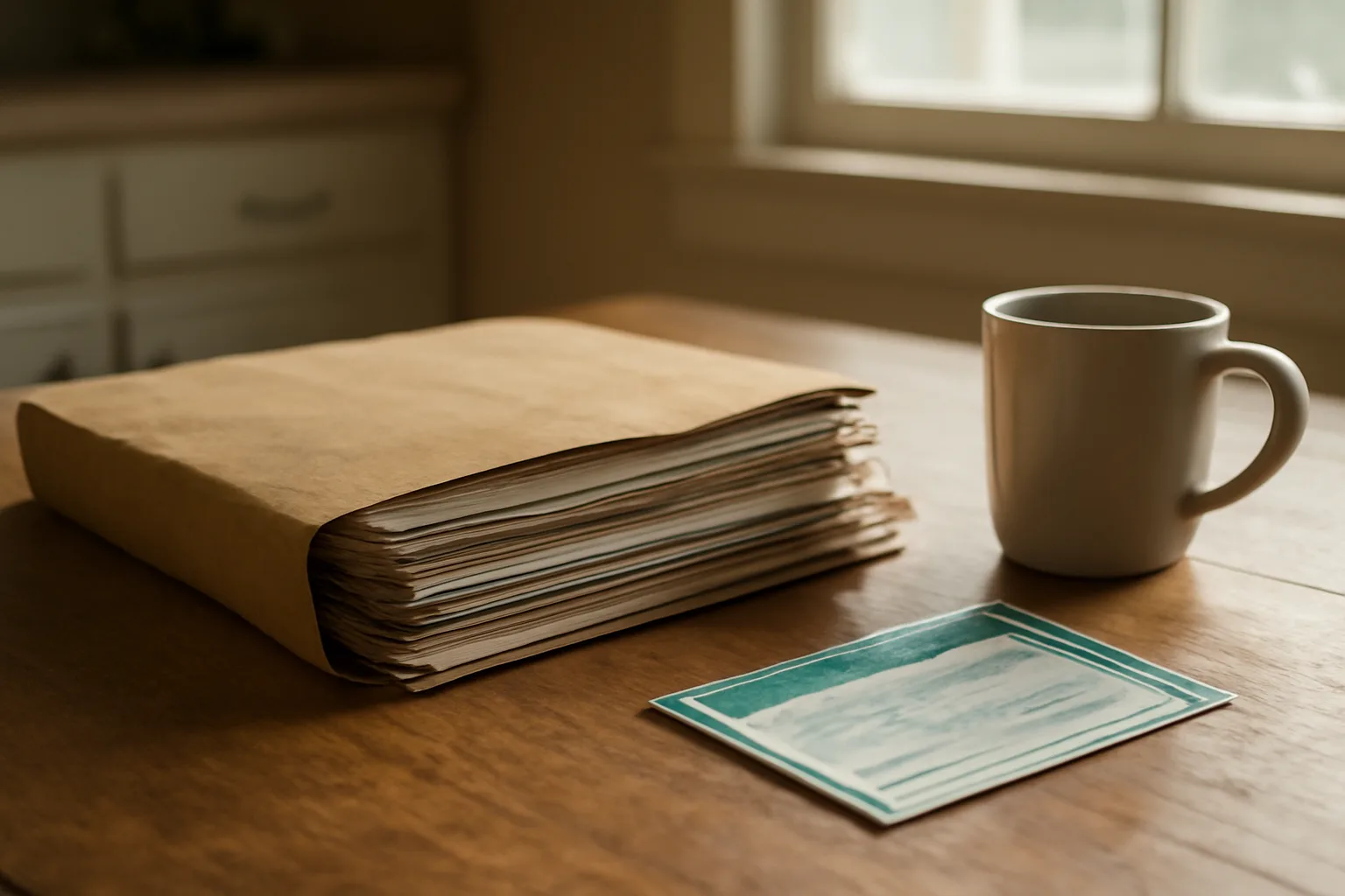 Kitchen table with timeshare contract paperwork and a certified mail receipt