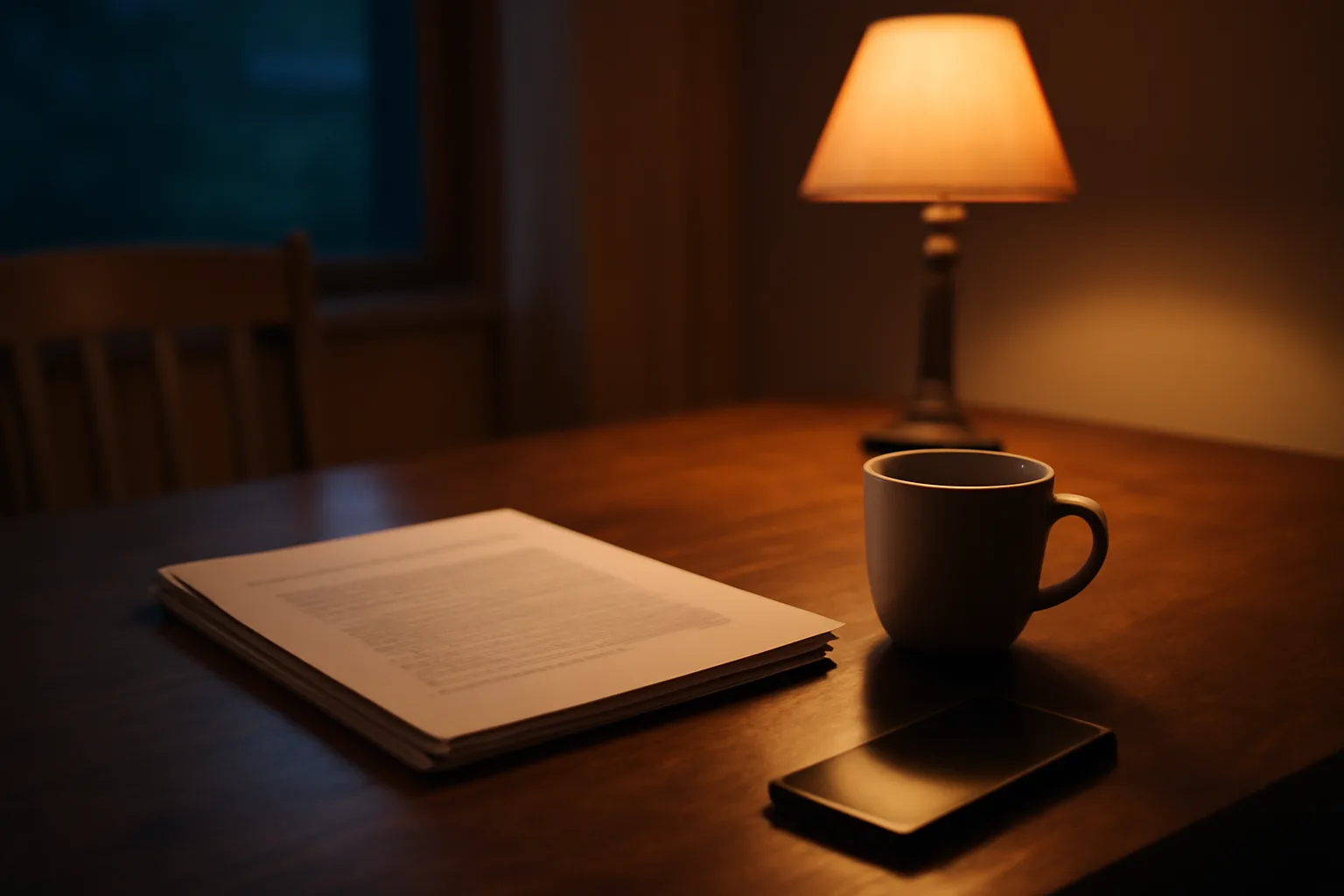 Kitchen table at dusk with paperwork and a phone, evoking a timeshare cancellation decision