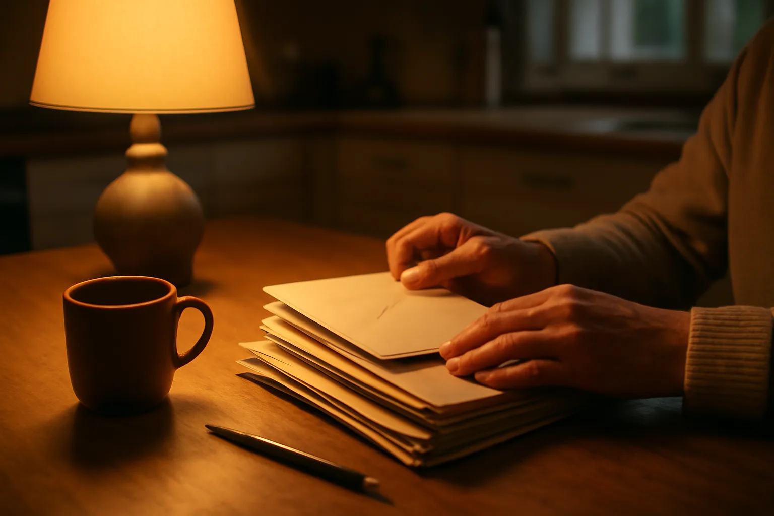 Homeowner sorting paperwork at a kitchen table while considering a timeshare exit