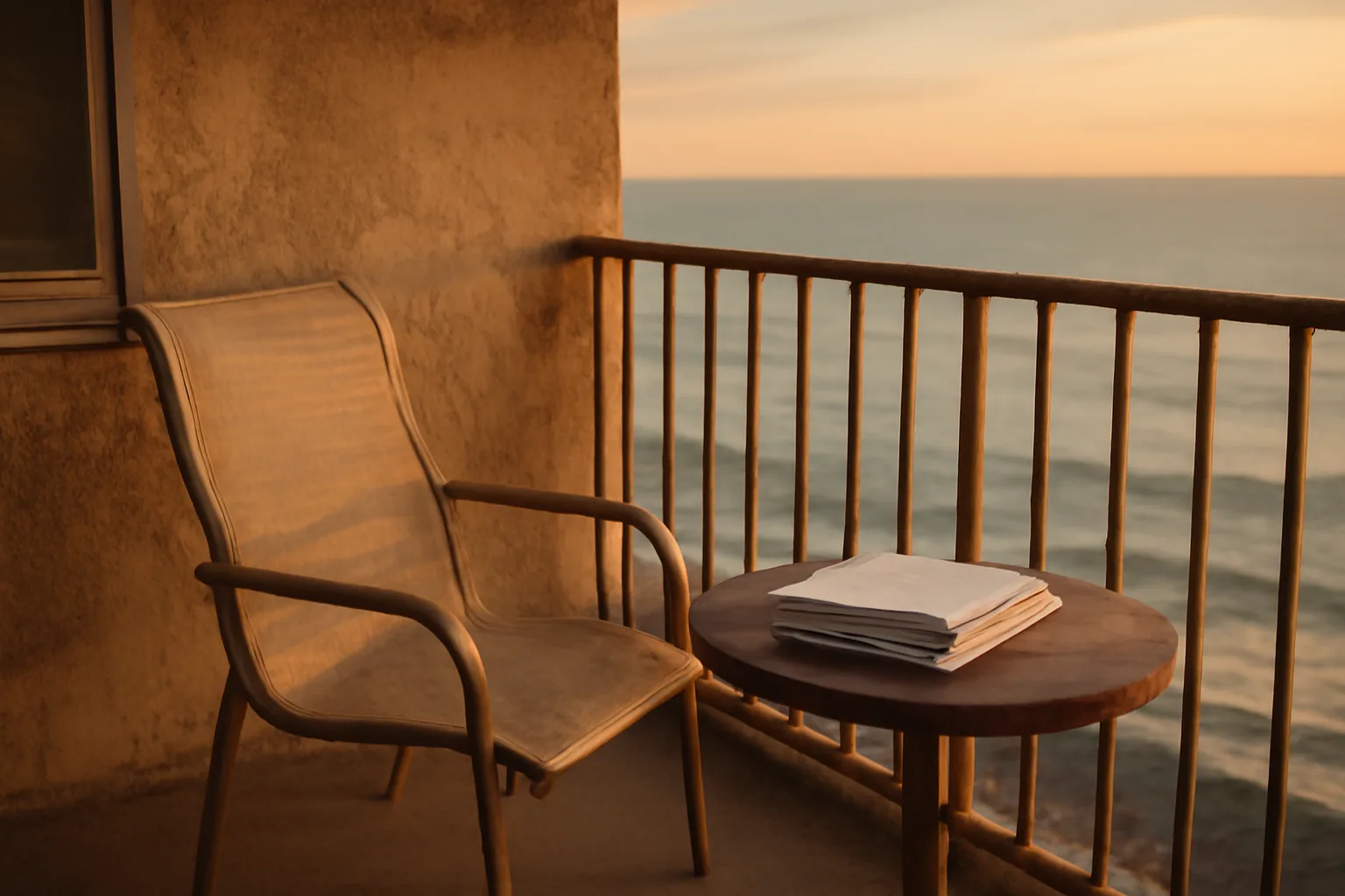 Empty condo balcony at sunset representing an owner reconsidering their timeshare