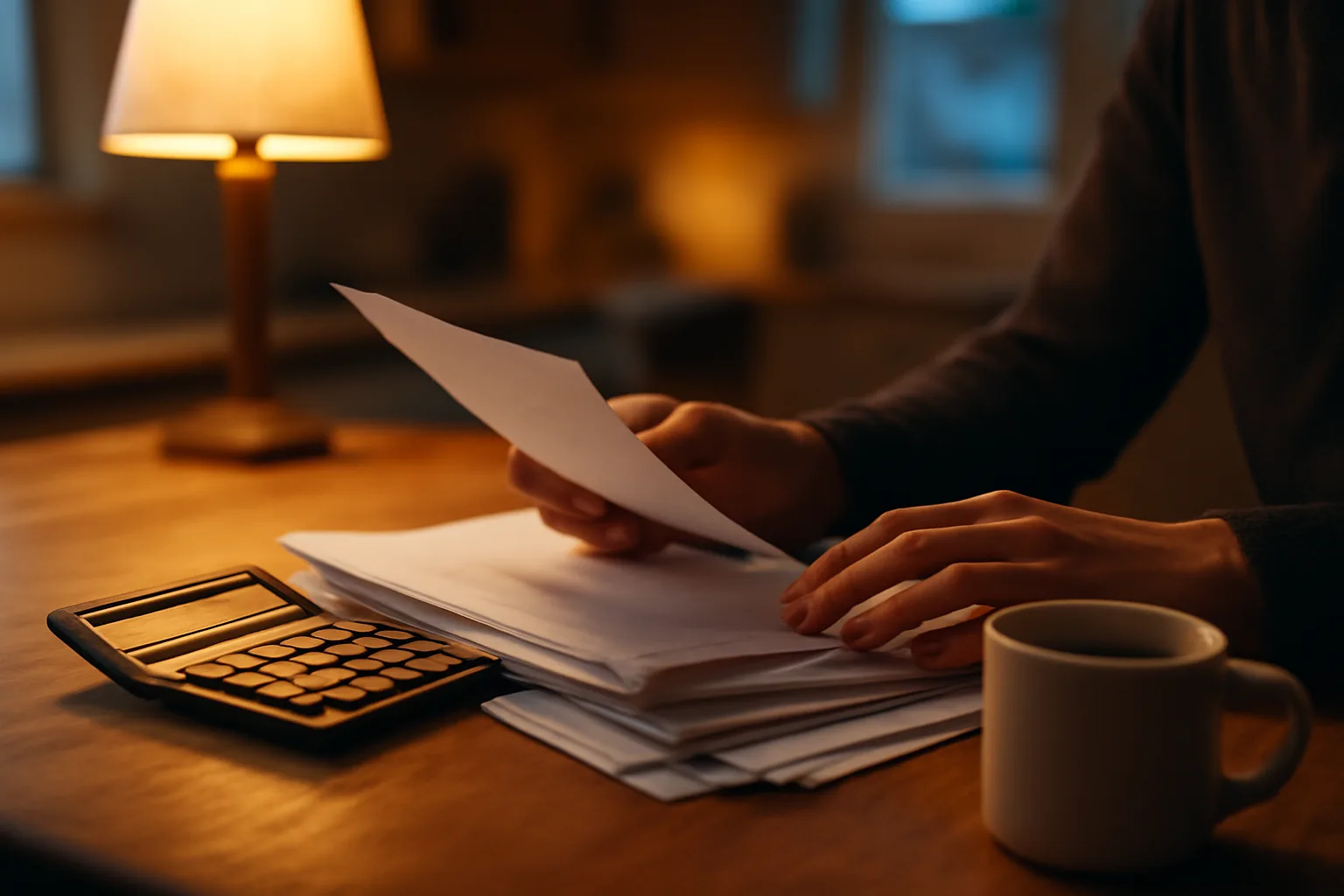 Homeowner reviewing timeshare contract paperwork at a kitchen table with a calculator