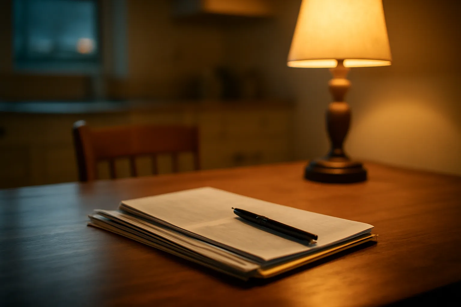 Kitchen table with mail receipts and a folder representing timeshare cancellation paperwork