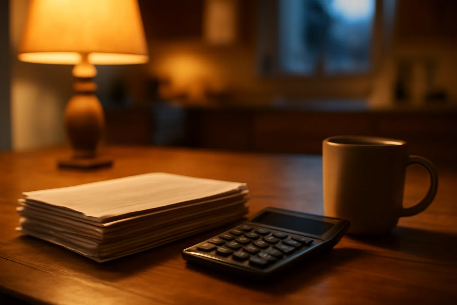 Home table scene with bills and calculator suggesting timeshare maintenance fee costs