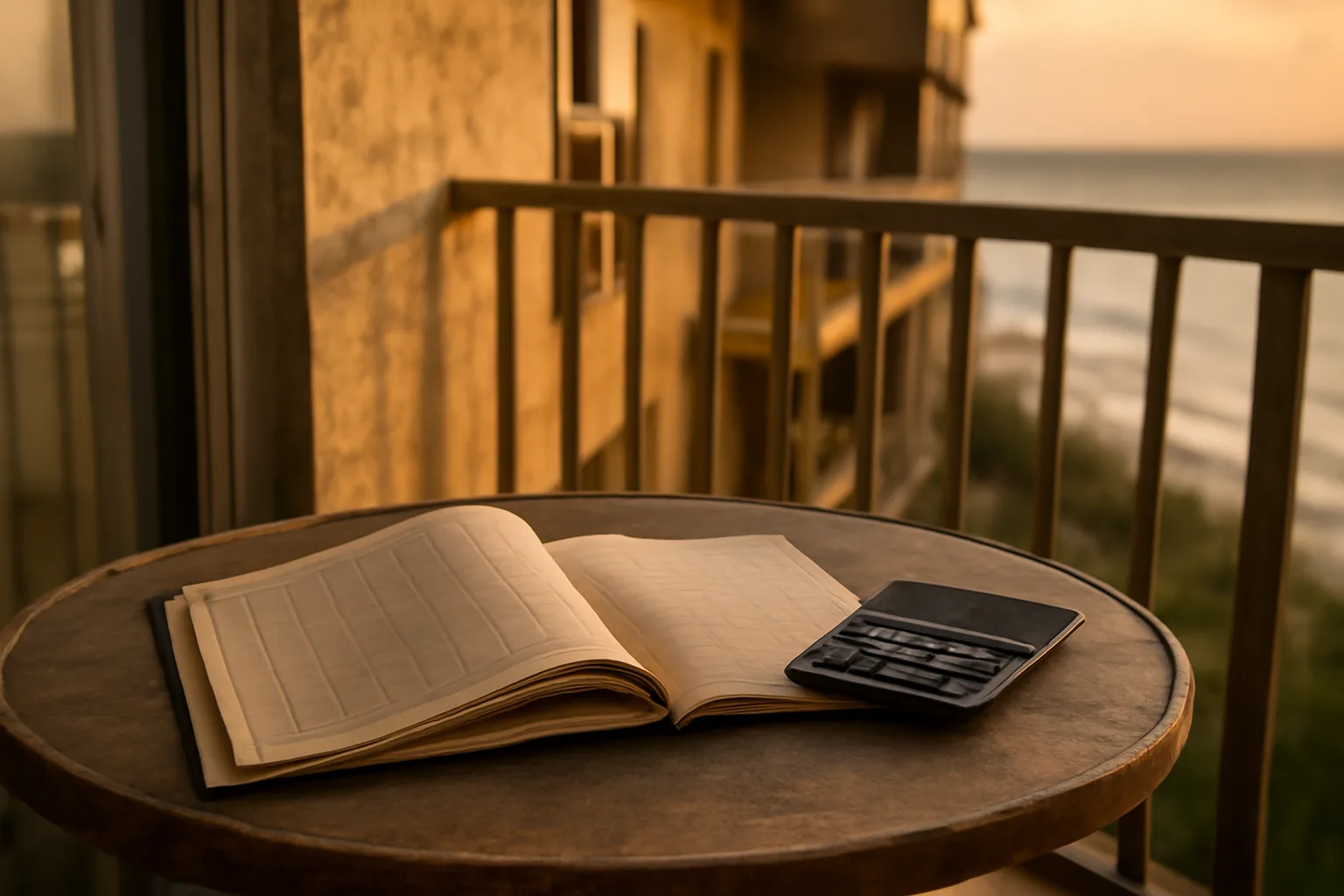 Condo balcony table with calculator and bills representing rising timeshare maintenance fees