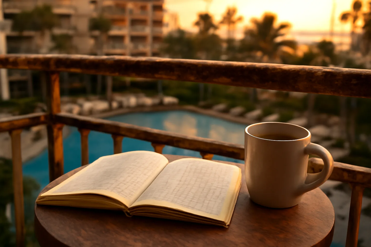 Timeshare balcony overlooking resort pool with a ledger of handwritten numbers on a table