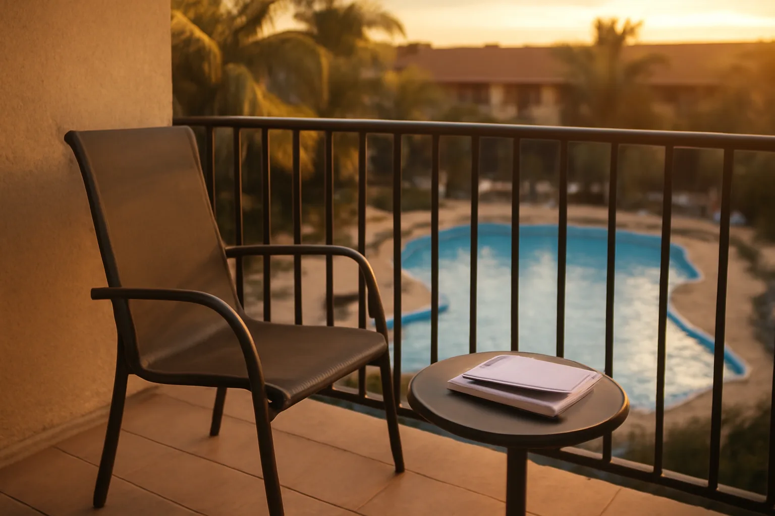 Empty resort condo balcony at sunset representing average timeshare maintenance fees in 2024