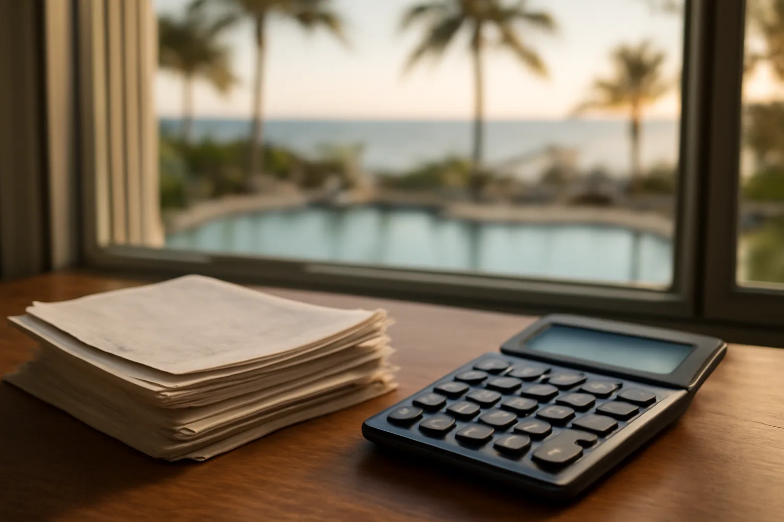 Bills and calculator on kitchen table with beach resort visible through window, representing timeshare maintenance fees