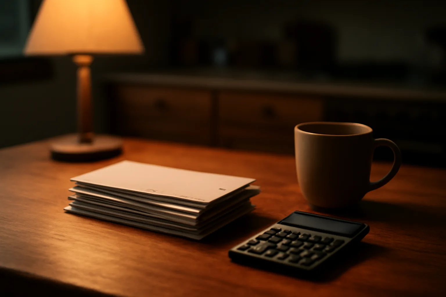 Unopened bills and a calculator on a kitchen table representing overdue timeshare maintenance fees