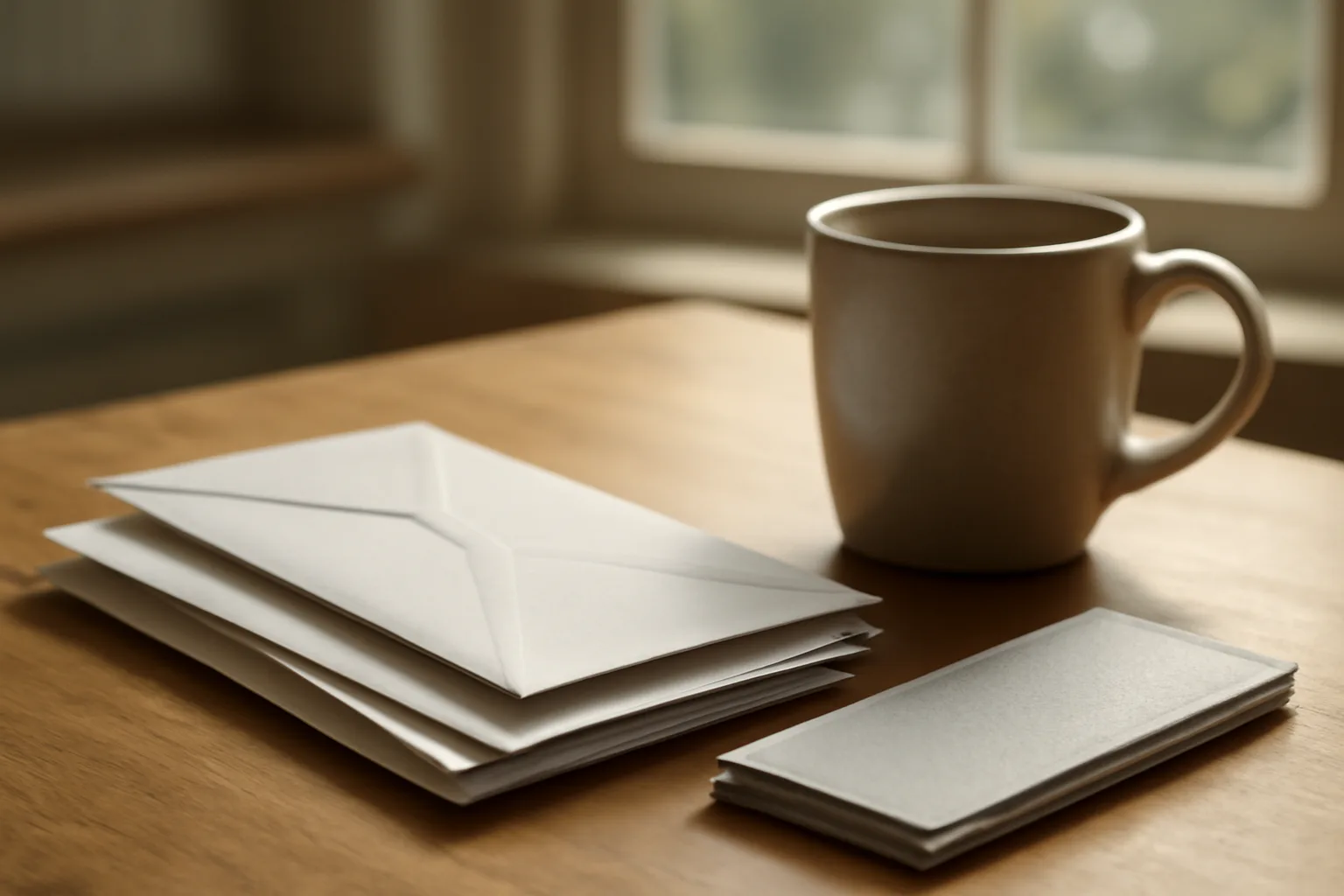 Unopened bills and a checkbook on a kitchen table in morning light