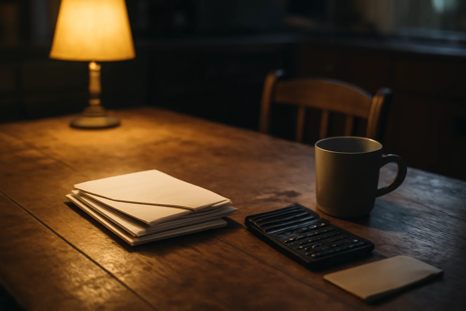 Kitchen table with unpaid bills and calculator representing timeshare maintenance fee stress