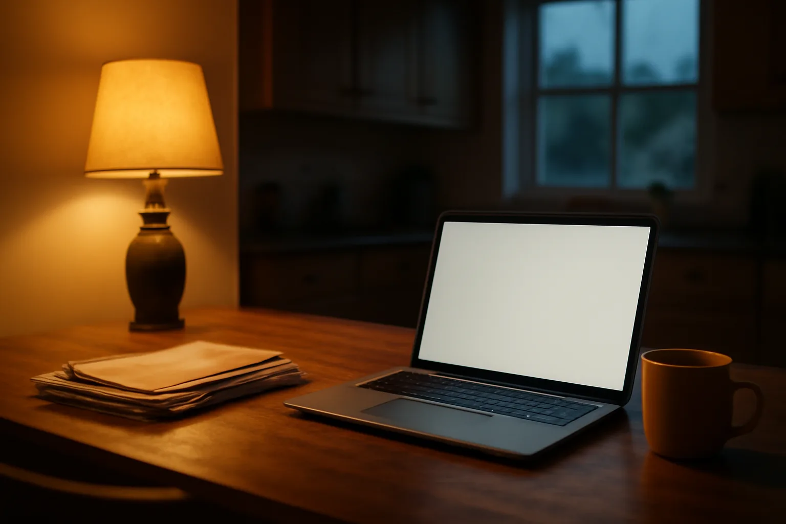 Kitchen table with unopened mail and laptop, evoking timeshare debt and credit worry