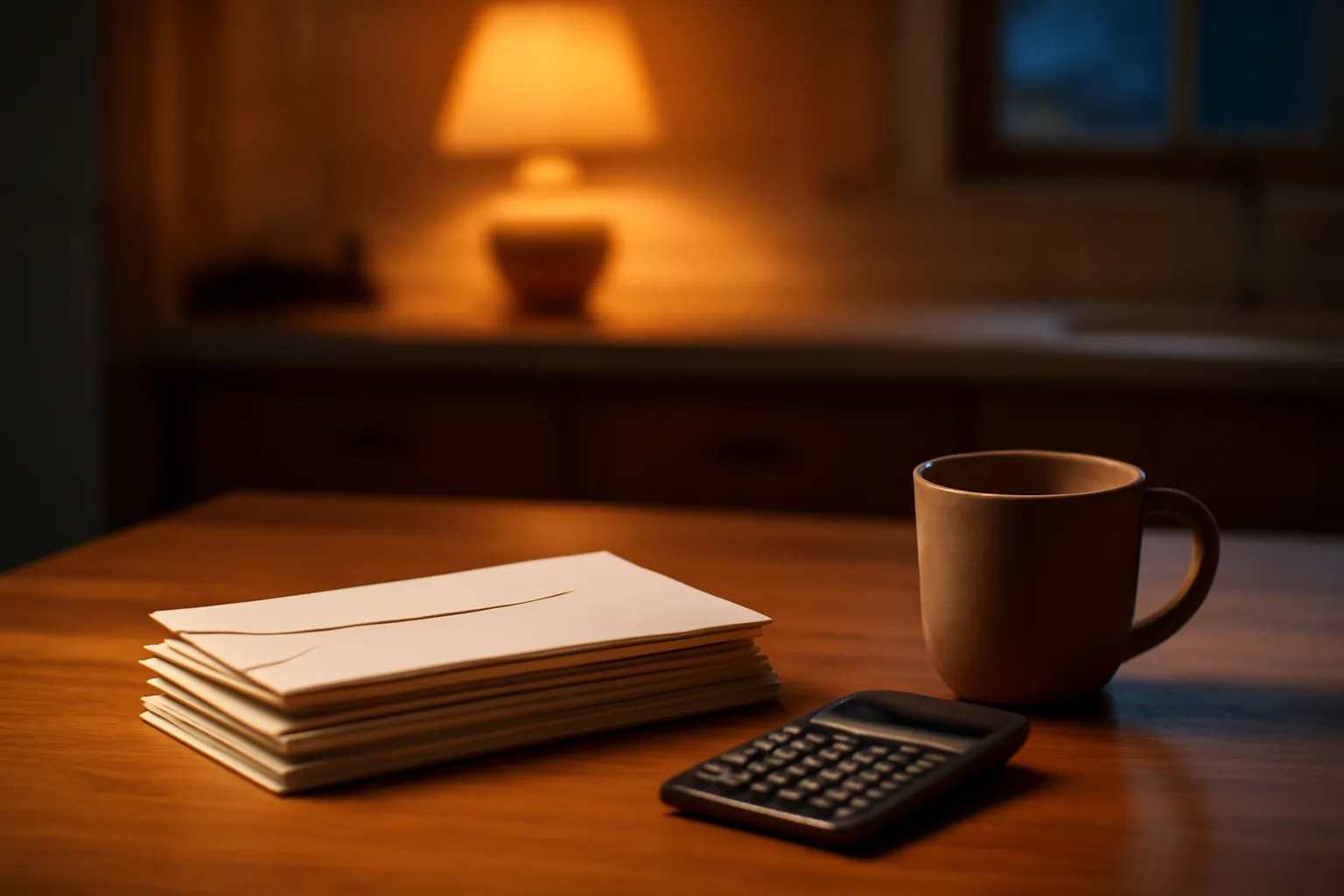 Stack of bills and a calculator on a kitchen table representing timeshare maintenance fee costs