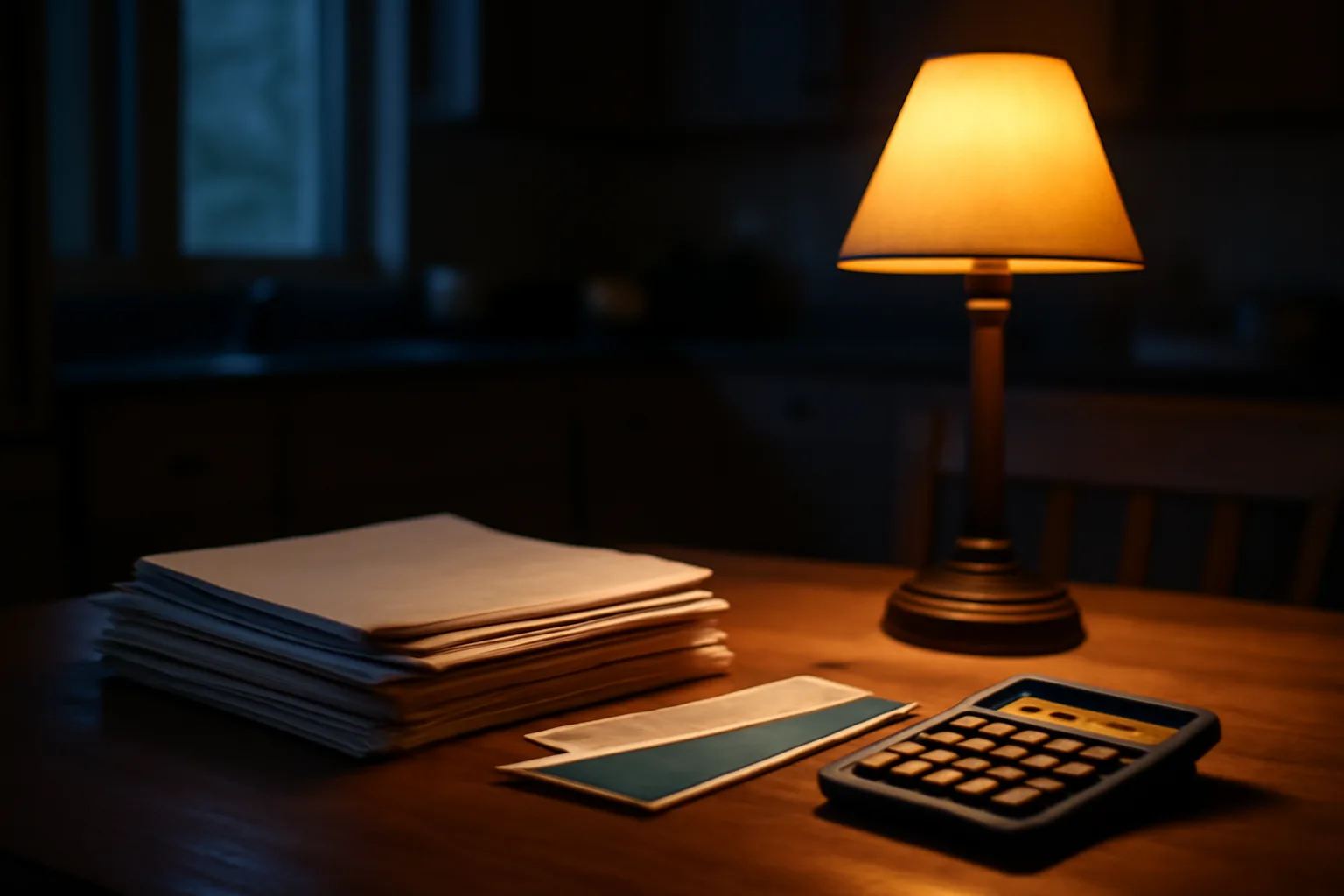 Kitchen table at night with mail receipt and calculator representing timeshare fee decisions