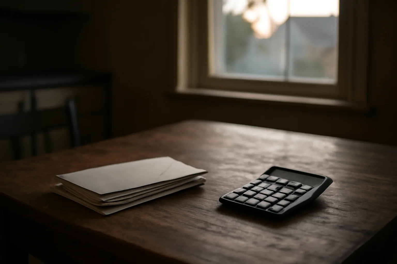 Stack of bills and a calculator on a kitchen table representing timeshare maintenance fee stress