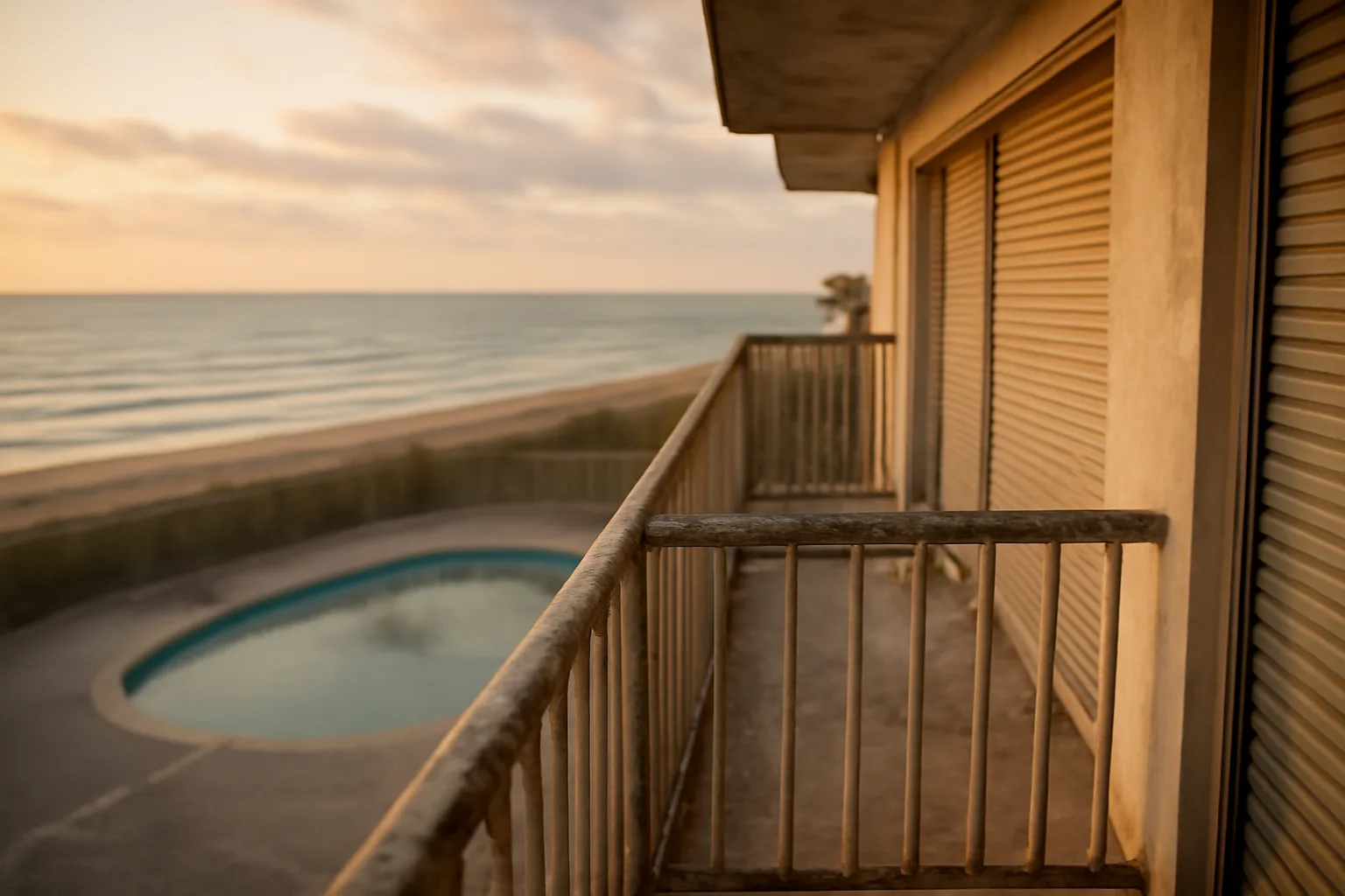 Empty Florida timeshare resort balcony at dusk with storm shutters closed