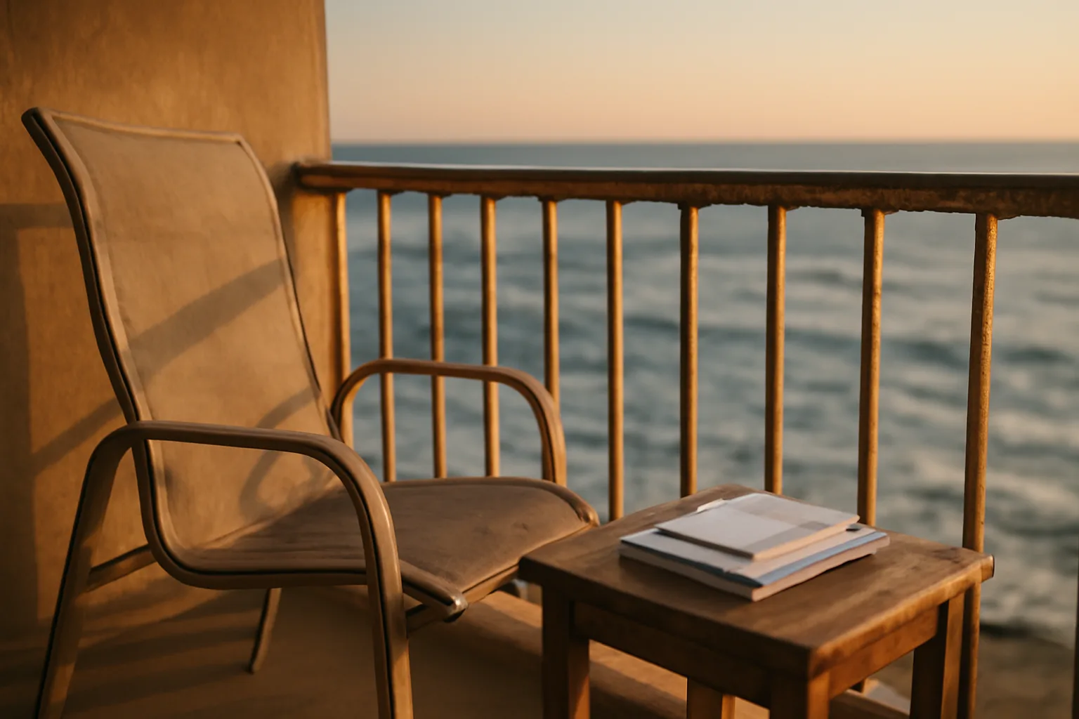 Empty timeshare condo balcony at sunset representing the burden of maintenance fees