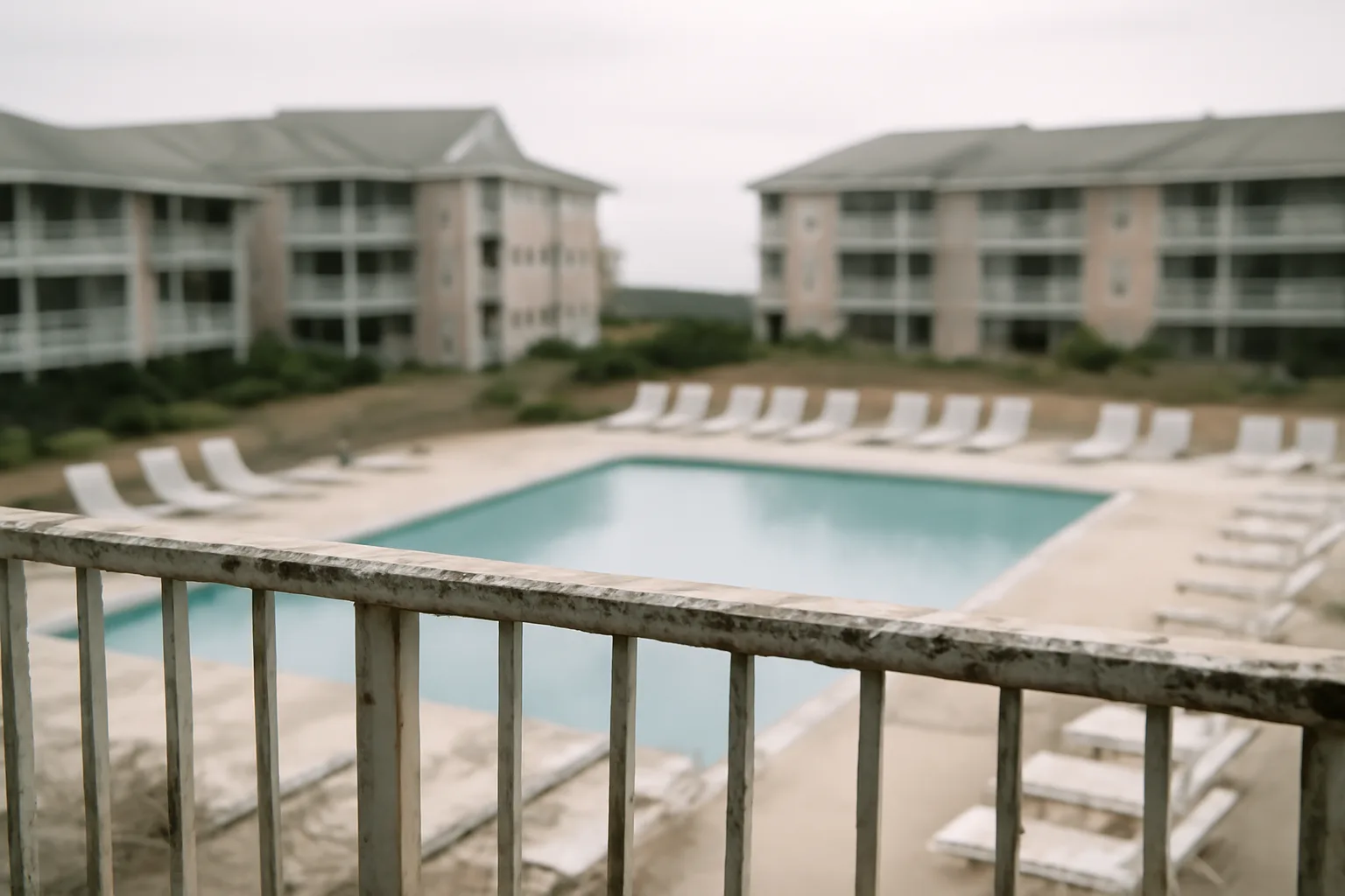 Empty beach resort balcony and pool at dawn representing timeshare maintenance fee costs