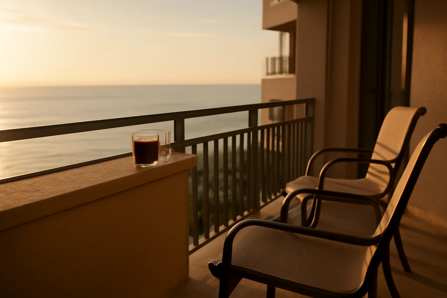 Empty resort condo balcony at sunset representing the true cost of timeshare ownership