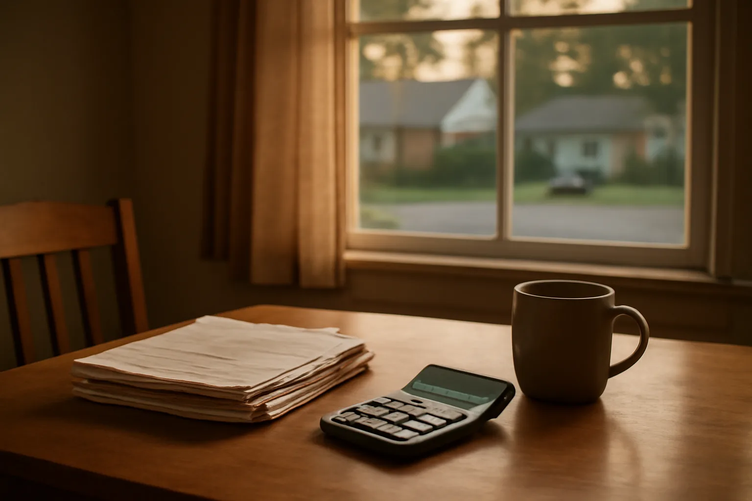 Kitchen table with calculator and bills, evening light, illustrating timeshare monthly cost worry