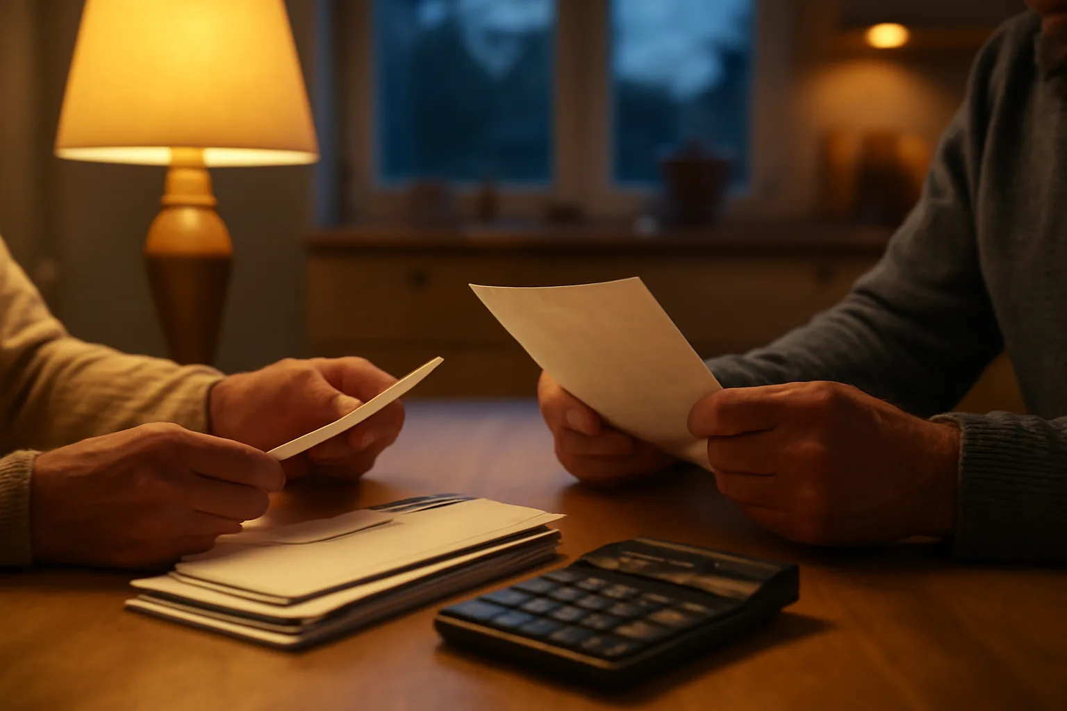 Couple reviewing household bills at a kitchen table by lamplight