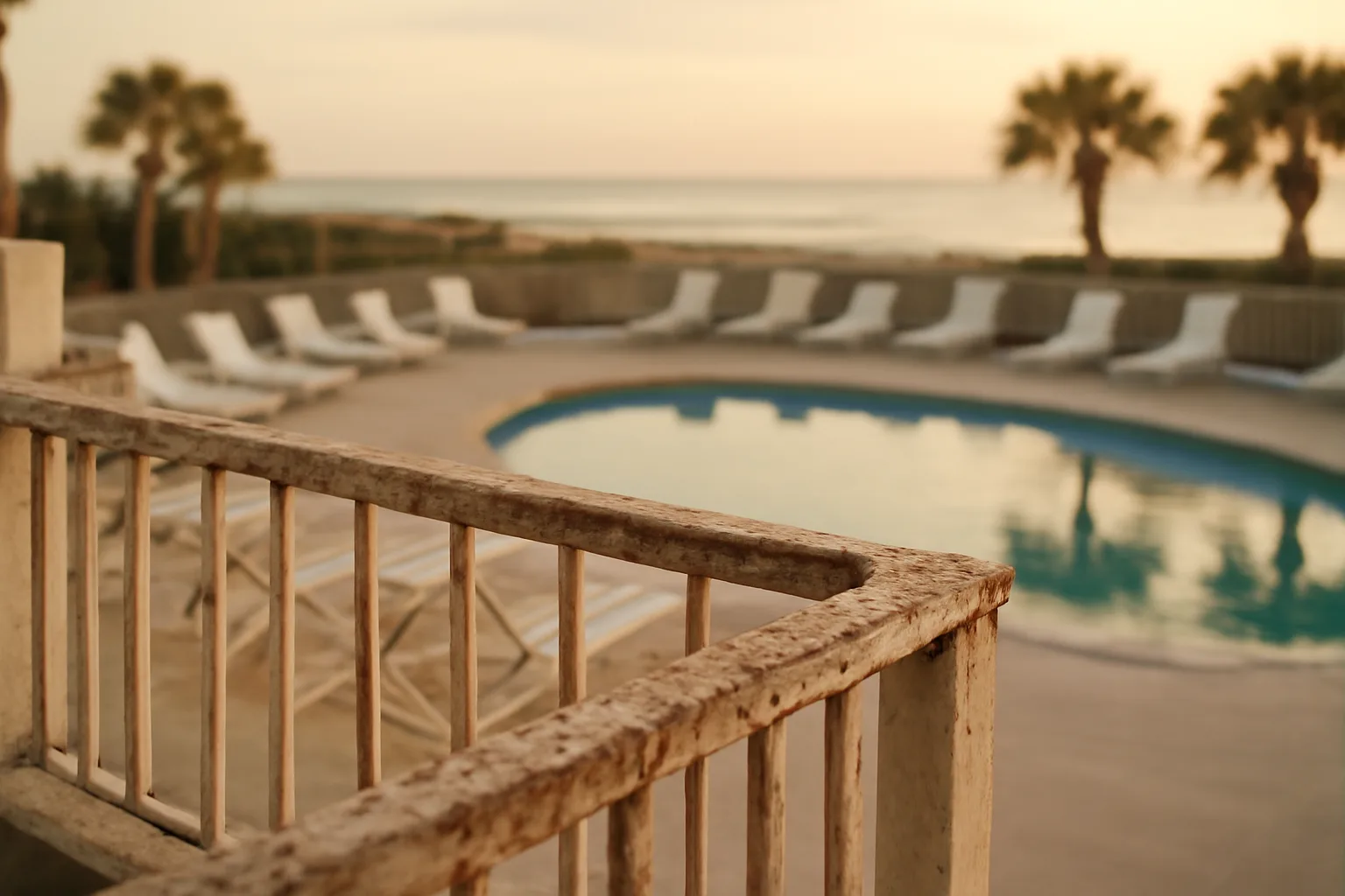 Empty timeshare resort balcony and pool at dawn showing aging property behind rising fees
