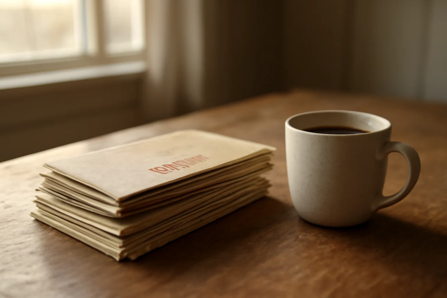 Unopened bills stacked on a kitchen table representing unpaid timeshare maintenance fees
