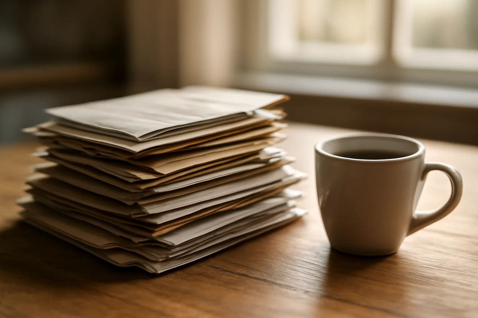 Stack of overdue mail on a kitchen table representing unpaid timeshare maintenance fees