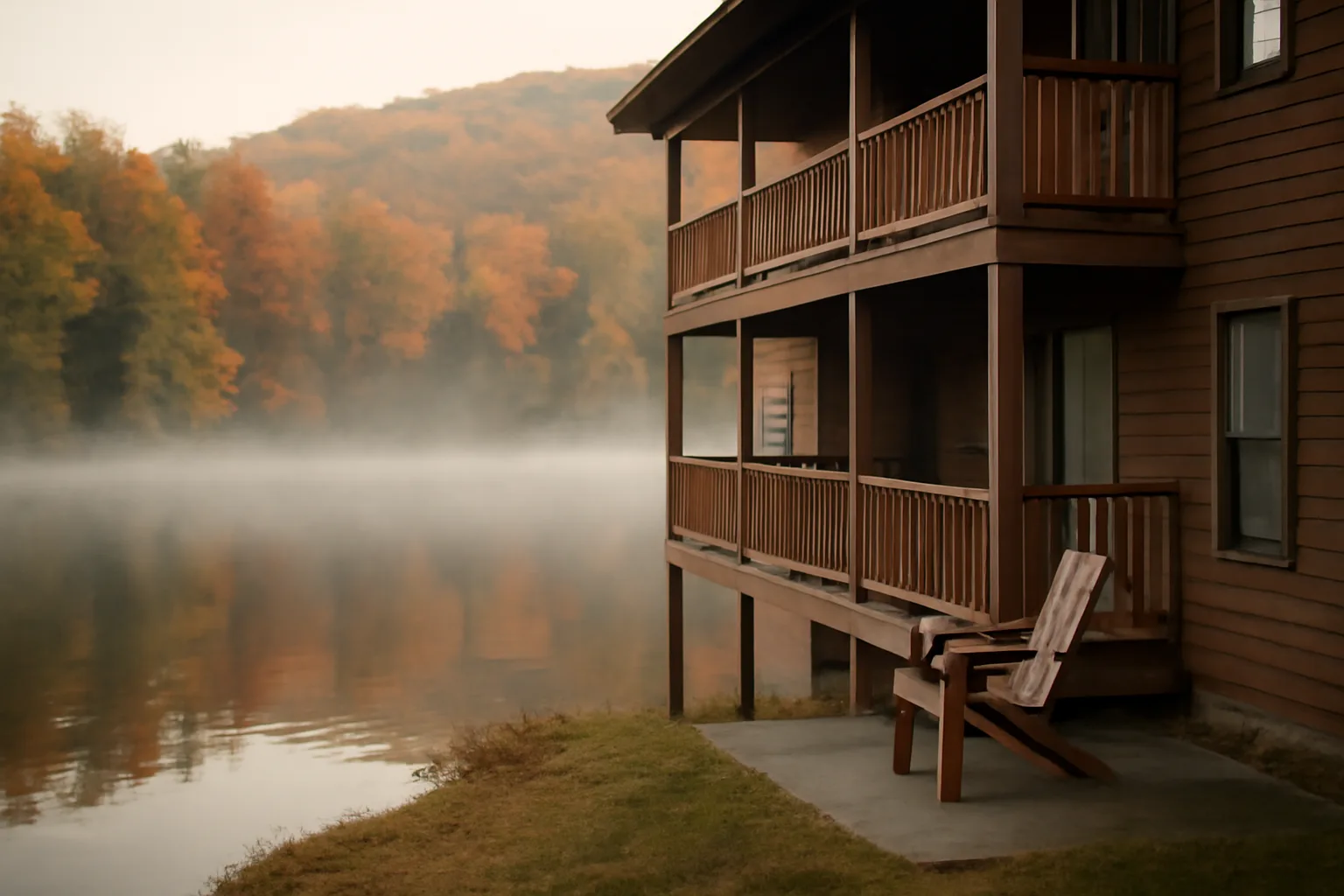 Wooden lakeside condo building in the Pocono Mountains at dawn, evoking Split Rock timeshare property
